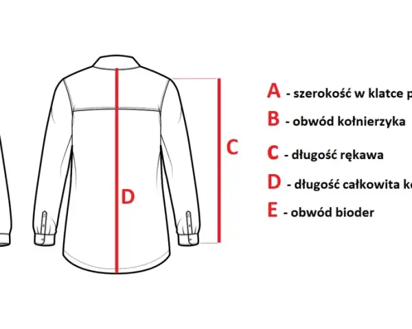 Ilustracja pokazuje, jak mierzyć koszulki: szerokość w klatce (A), obwód kołnierzyka (B), długość rękawa (C), długość całkowita (D) i obwód bioder (E).