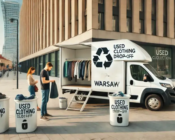 Mobilny punkt zbiórki odzieży w Warszawie. Gdzie oddać ubrania dla bezdomnych? Tutaj! Wóz z wieszakami i pojemniki na odzież czekają.