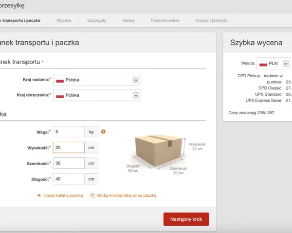 Formularz do zamówienia przesyłki. Wpisz, ile ważą dresy, ich wymiary i wybierz kraj nadania/doręczenia. Szybka wycena pokazuje ceny.