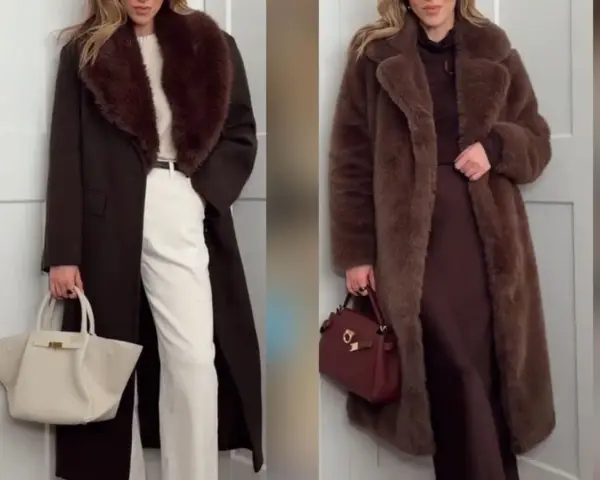 Dwie kobiety w eleganckich, brązowych płaszczach. Na lewo płaszcz z futrzanym kołnierzem i białe spodnie. Na prawo długie, pluszowe futro. Czy futro jest modne? Zdecydowanie tak!
