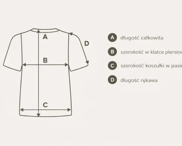 Schemat koszulki z wymiarami: A-długość całkowita, B-szerokość w klatce, C-szerokość w pasie, D-długość rękawa.