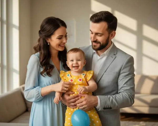 Szczęśliwa rodzina świętuje roczek dziecka. Mama w błękitnej sukience, tata w szarym garniturze, a maluch w żółtym, grochowatym ubranku. Idealna inspiracja, co ubrać na roczek!