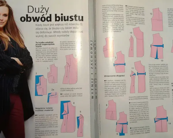 Instrukcja, jak poszerzyć bluzkę w biuście, z ilustracjami wykrojów i wskazówkami dotyczącymi dopasowania odzieży.