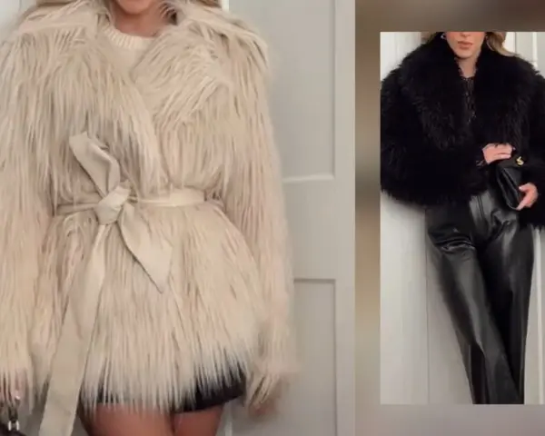 Kremowe i czarne sztuczne futra, które pokazują, czy sztuczne futra są modne. Eleganckie i stylowe okrycia.