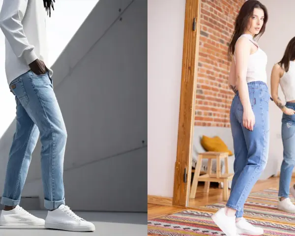 Mężczyzna i kobieta w jasnych jeansach, prezentujący wygodę i styl.