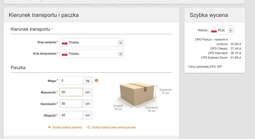 Formularz do zamówienia przesyłki. Wpisz, ile ważą dresy, ich wymiary i wybierz kraj nadania/doręczenia. Szybka wycena pokazuje ceny.