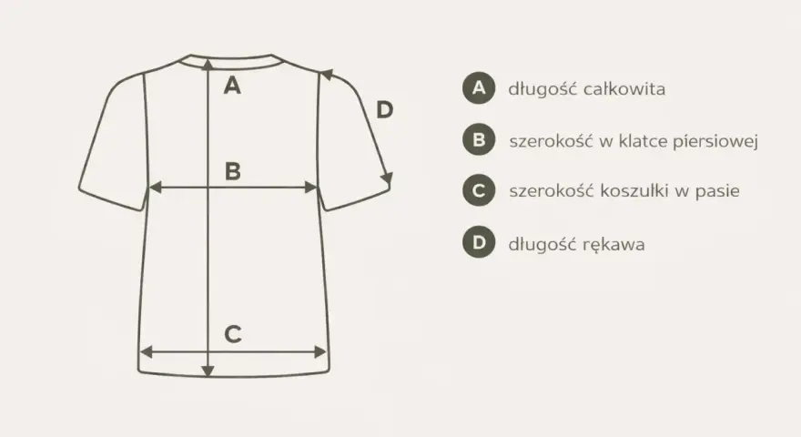 Schemat koszulki z wymiarami: A-długość całkowita, B-szerokość w klatce, C-szerokość w pasie, D-długość rękawa.