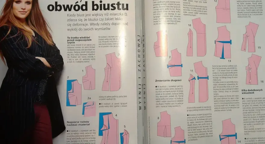Instrukcja, jak poszerzyć bluzkę w biuście, z ilustracjami wykrojów i wskazówkami dotyczącymi dopasowania odzieży.