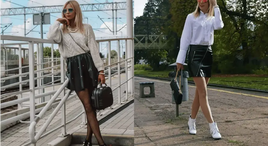 Dwie stylizacje pokazują, co ubrać do skórzanej spódnicy: sweter i botki lub białą koszulę i botki.