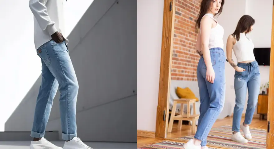 Mężczyzna i kobieta w jasnych jeansach, prezentujący wygodę i styl.