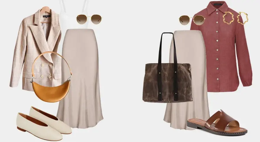 Dwie propozycje stylizacji z beżową spódnicą: elegancka z marynarką i torebką-bagietką, oraz casualowa z koszulą, shopperką i sandałami.
