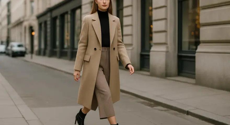 Elegancka kobieta w beżowym płaszczu i brązowych spodniach, z czarnym golfem, idzie ulicą. Czy buty w szpic są modne? Tak, te czarne botki z pewnością dodają stylu.