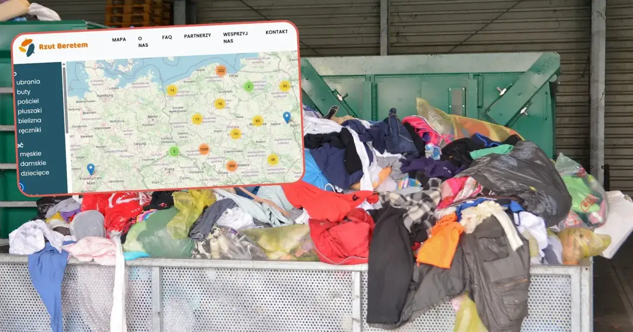 Mapa z zaznaczonymi punktami zbiórki odzieży w Warszawie. Obok stos ubrań przeznaczonych do recyklingu.
