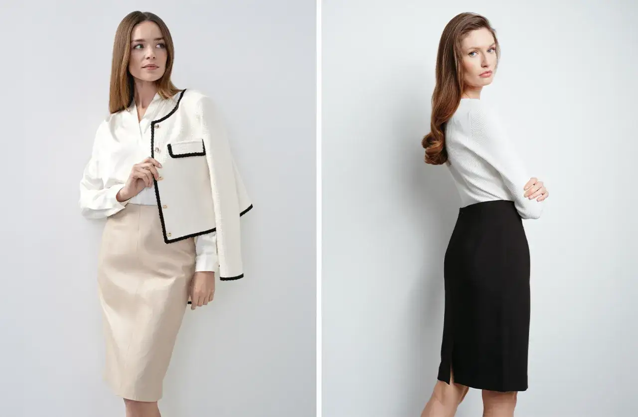 Eleganckie stylizacje: biała bluzka i beżowa spódnica ołówkowa, lub biały sweter i czarna spódnica ołówkowa. Inspiracje, co założyć do czarnej spódnicy ołówkowej.