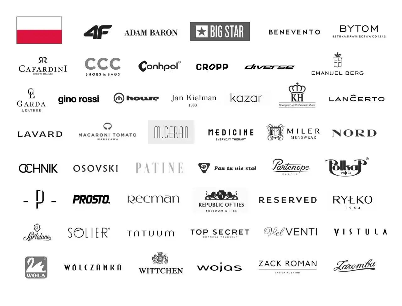 Logotypy polskich marek odzieżowych, m.in. 4F, Big Star, Reserved, Ryłko, Wólczanka, Wittchen, Wojas, a także zagranicznych, jak Cropp, Diverse, Medicine.