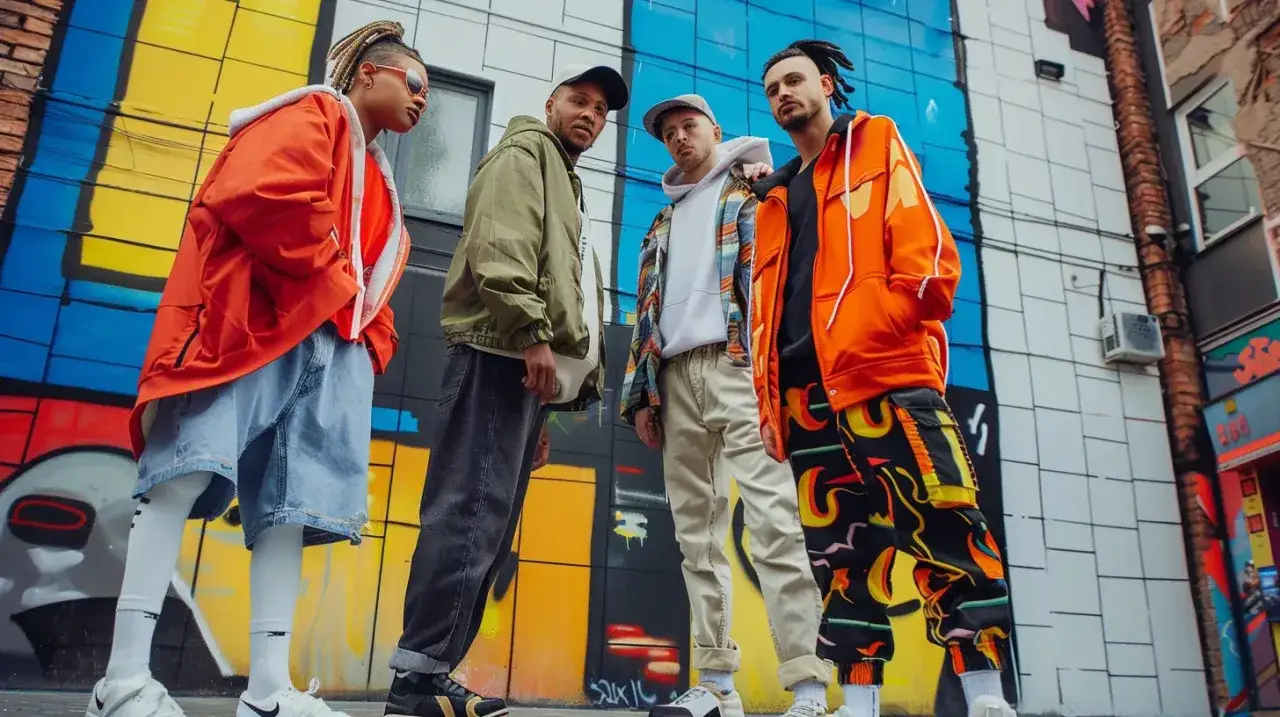 Czterech młodych ludzi w kolorowych, streetwearowych stylizacjach. Idealny przykład, jak się ubrać na koncert hip hop.