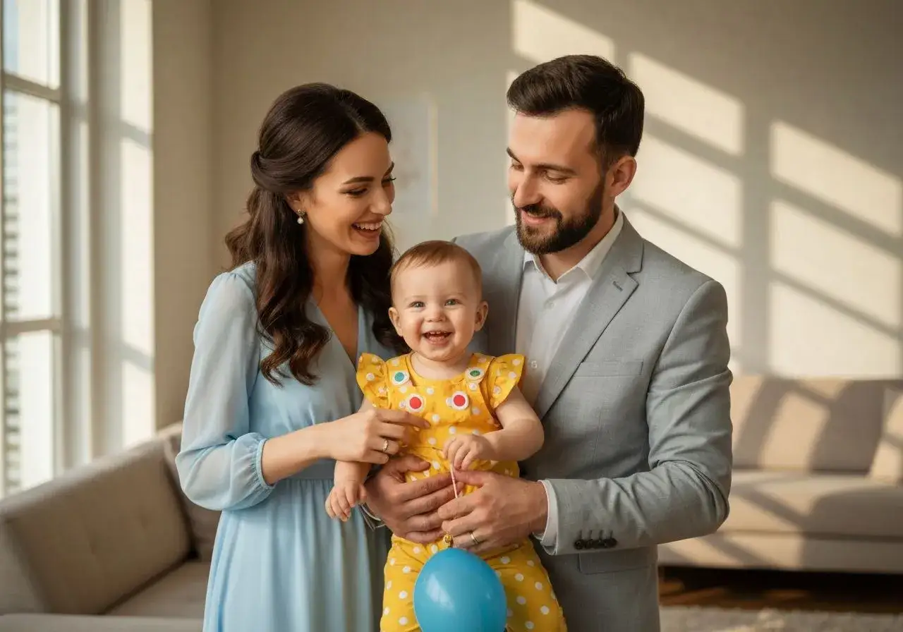 Szczęśliwa rodzina świętuje roczek dziecka. Mama w błękitnej sukience, tata w szarym garniturze, a maluch w żółtym, grochowatym ubranku. Idealna inspiracja, co ubrać na roczek!